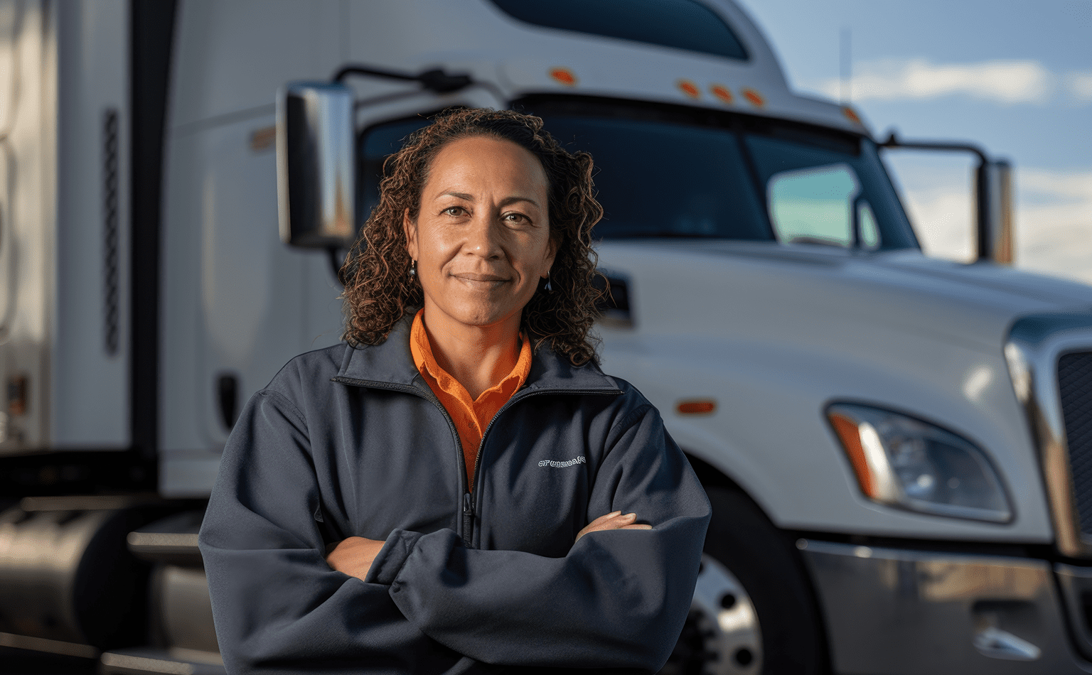 woman standing by a diesel truck